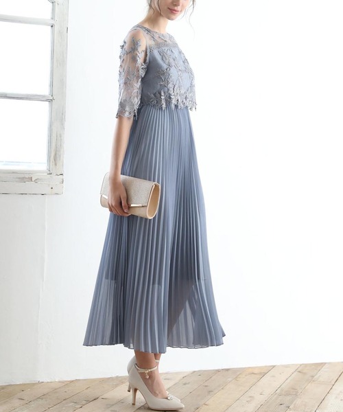 オリジナル模様柄刺繍レース使い プリーツ加工ミモレ丈