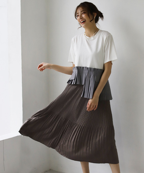 REAL CUBE（リアルキューブ）の「ヴィンテージサテンプリーツスカート（スカート・レディース・オフホワイト/チャコール/グリーン/オレンジ・FREE）」の5枚目の写真