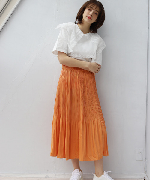 REAL CUBE（リアルキューブ）の「ヴィンテージサテンプリーツスカート（スカート・レディース・オフホワイト/チャコール/グリーン/オレンジ・FREE）」の14枚目の写真