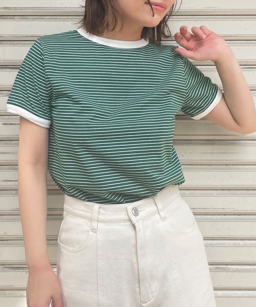 frunco（フランコ）の「細ボーダー配色Tシャツ（Tシャツ/カットソー・レディース・ブラック/グリーン/イエロー/ピンク/オレンジ・FREE）」の3枚目の写真