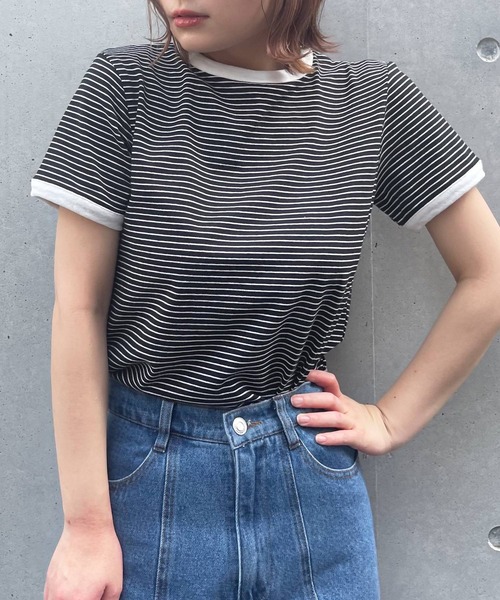 frunco（フランコ）の「細ボーダー配色Tシャツ（Tシャツ/カットソー・レディース・ブラック/グリーン/イエロー/ピンク/オレンジ・FREE）」の2枚目の写真