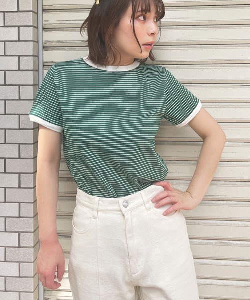 frunco（フランコ）の「細ボーダー配色Tシャツ（Tシャツ/カットソー・レディース・ブラック/グリーン/イエロー/ピンク/オレンジ・FREE）」の22枚目の写真