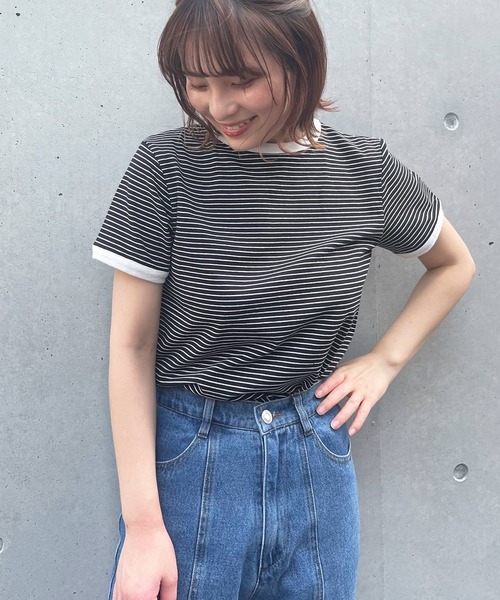 frunco（フランコ）の「細ボーダー配色Tシャツ（Tシャツ/カットソー・レディース・ブラック/グリーン/イエロー/ピンク/オレンジ・FREE）」の15枚目の写真