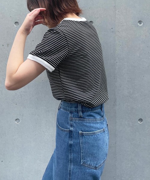 frunco（フランコ）の「細ボーダー配色Tシャツ（Tシャツ/カットソー・レディース・ブラック/グリーン/イエロー/ピンク/オレンジ・FREE）」の9枚目の写真