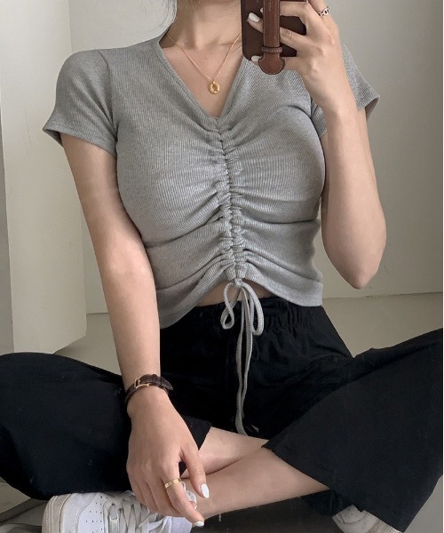 SONA（ソナ）の「SONYUNARA リブストリングTシャツ（Tシャツ/カットソー・レディース・ホワイト/ブラック/グレー/ピンク/ブルー・FREE）」の7枚目の写真
