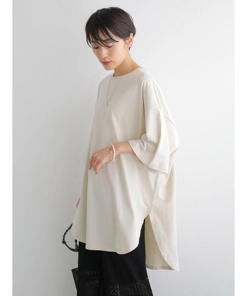 AMERICAN HOLIC（アメリカンホリック）の「裾ラウンド5分袖カットチュニック（Tシャツ/カットソー・レディース・アイボリー/イエロー系その他2/ブラック系その他4・M/L）」の5枚目の写真