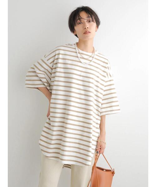 AMERICAN HOLIC（アメリカンホリック）の「裾ラウンド5分袖カットチュニック（Tシャツ/カットソー・レディース・アイボリー/イエロー系その他2/ブラック系その他4・M/L）」の4枚目の写真