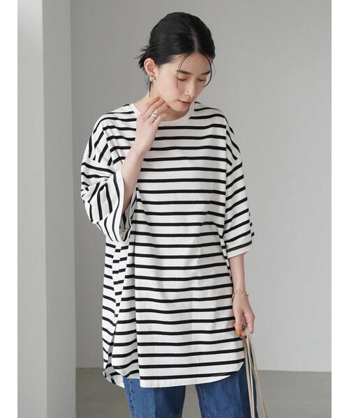 AMERICAN HOLIC（アメリカンホリック）の「裾ラウンド5分袖カットチュニック（Tシャツ/カットソー・レディース・アイボリー/イエロー系その他2/ブラック系その他4・M/L）」の9枚目の写真