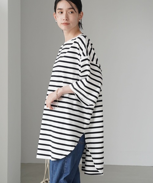 AMERICAN HOLIC（アメリカンホリック）の「裾ラウンド5分袖カットチュニック（Tシャツ/カットソー・レディース・アイボリー/イエロー系その他2/ブラック系その他4・M/L）」の2枚目の写真