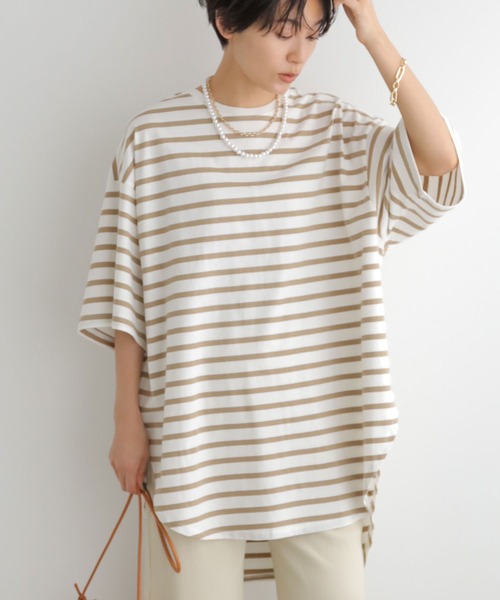 AMERICAN HOLIC（アメリカンホリック）の「裾ラウンド5分袖カットチュニック（Tシャツ/カットソー・レディース・アイボリー/イエロー系その他2/ブラック系その他4・M/L）」の3枚目の写真