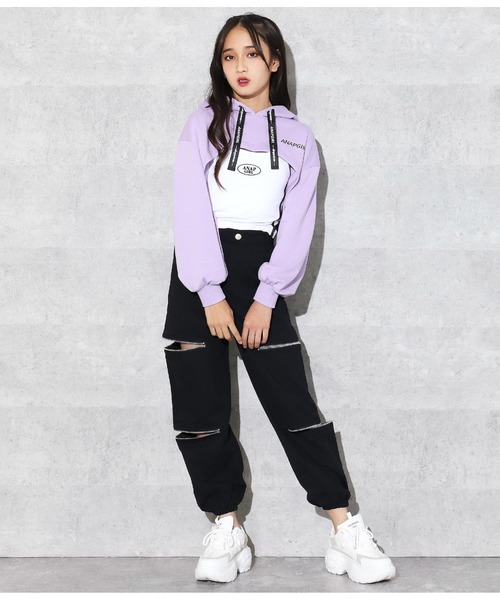 ANAP GｉRL（アナップガール）の「ショート丈フーディートップス（Tシャツ/カットソー・キッズ・ブラック/パープル・M/S）」の8枚目の写真