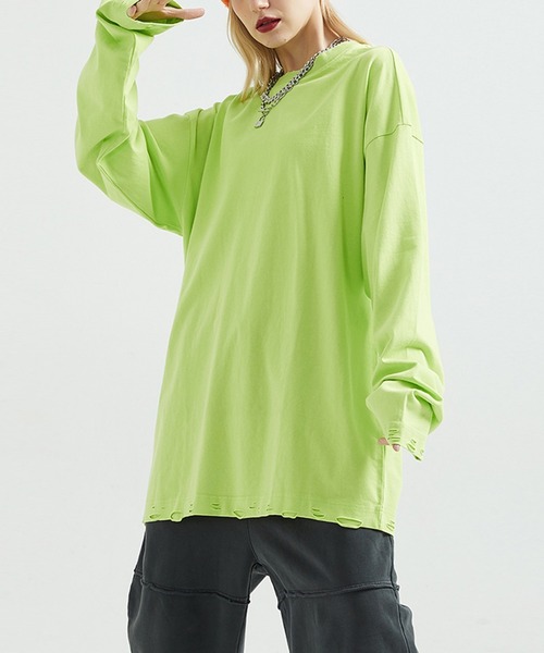 GENXDER(ノンジェンダー)の「【genxder】ユニセックス綿100%無地ゆったりダメージロング袖T(Tシャツ/カットソー・メンズ・ダークグレー/グレー/ライトグリーン/ブラック/ホワイト・X-LARGE/LARGE/MEDIUM)」の5枚目の写真