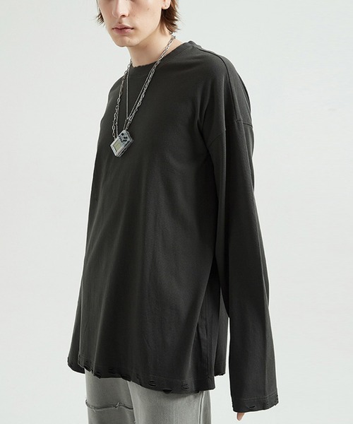 GENXDER(ノンジェンダー)の「【genxder】ユニセックス綿100%無地ゆったりダメージロング袖T(Tシャツ/カットソー・メンズ・ダークグレー/グレー/ライトグリーン/ブラック/ホワイト・X-LARGE/LARGE/MEDIUM)」の4枚目の写真