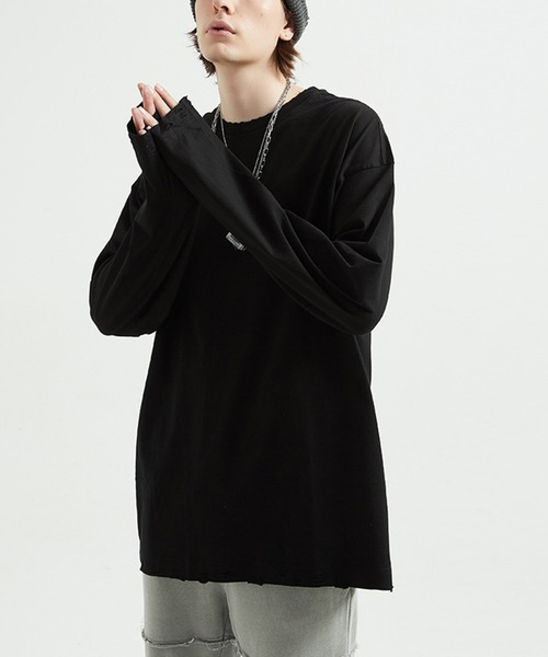 GENXDER(ノンジェンダー)の「【genxder】ユニセックス綿100%無地ゆったりダメージロング袖T(Tシャツ/カットソー・メンズ・ダークグレー/グレー/ライトグリーン/ブラック/ホワイト・X-LARGE/LARGE/MEDIUM)」の1枚目の写真