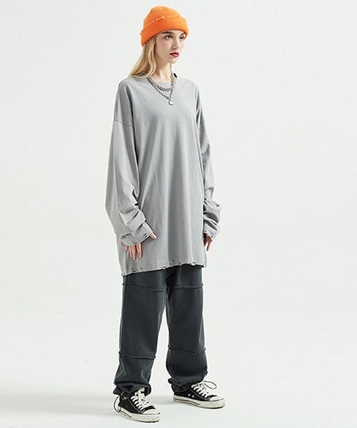 GENXDER(ノンジェンダー)の「【genxder】ユニセックス綿100%無地ゆったりダメージロング袖T(Tシャツ/カットソー・メンズ・ダークグレー/グレー/ライトグリーン/ブラック/ホワイト・X-LARGE/LARGE/MEDIUM)」の18枚目の写真