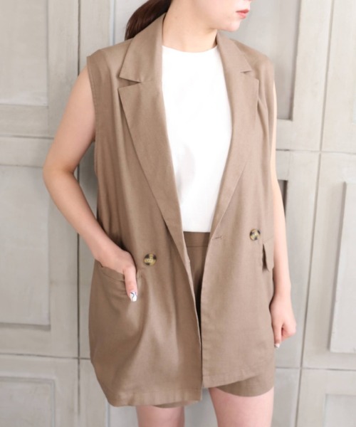 moment+(モーメントプラス)の「コットンリネンセットアップ(ダブルテーラードジレベスト&ショートパンツ)(セットアップ・レディース・ベージュ/カーキ/モカ/ナチュラル・M)」の10枚目の写真