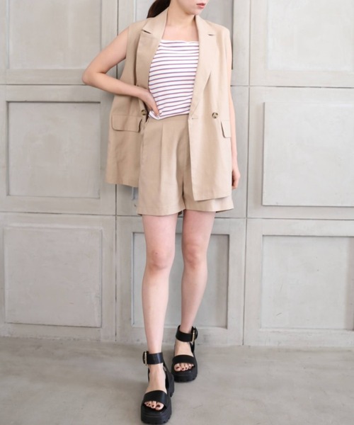 moment+(モーメントプラス)の「コットンリネンセットアップ(ダブルテーラードジレベスト&ショートパンツ)(セットアップ・レディース・ベージュ/カーキ/モカ/ナチュラル・M)」の12枚目の写真