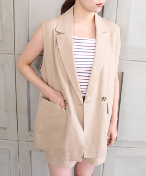 moment+(モーメントプラス)の「コットンリネンセットアップ(ダブルテーラードジレベスト&ショートパンツ)(セットアップ・レディース・ベージュ/カーキ/モカ/ナチュラル・M)」の17枚目の写真