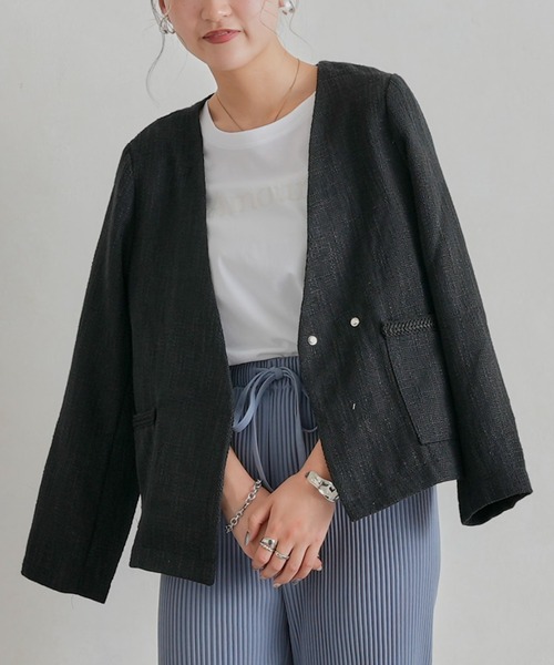 Chez toi（シェトワ）の「【手洗い可能】ツイードカラーレスジャケット（ノーカラージャケット・レディース・ブラック/ベージュ/ブルー・FREE）」の2枚目の写真