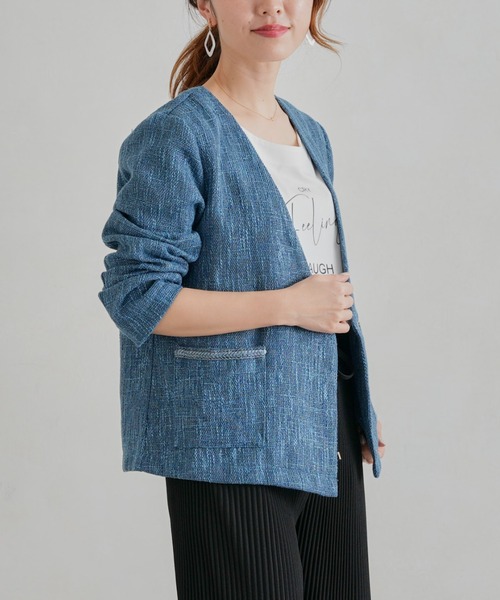 Chez toi（シェトワ）の「【手洗い可能】ツイードカラーレスジャケット（ノーカラージャケット・レディース・ブラック/ベージュ/ブルー・FREE）」の4枚目の写真