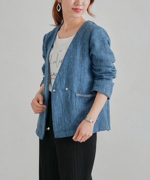 Chez toi（シェトワ）の「【手洗い可能】ツイードカラーレスジャケット（ノーカラージャケット・レディース・ブラック/ベージュ/ブルー・FREE）」の5枚目の写真