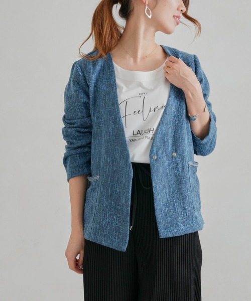 Chez toi（シェトワ）の「【手洗い可能】ツイードカラーレスジャケット（ノーカラージャケット・レディース・ブラック/ベージュ/ブルー・FREE）」の6枚目の写真