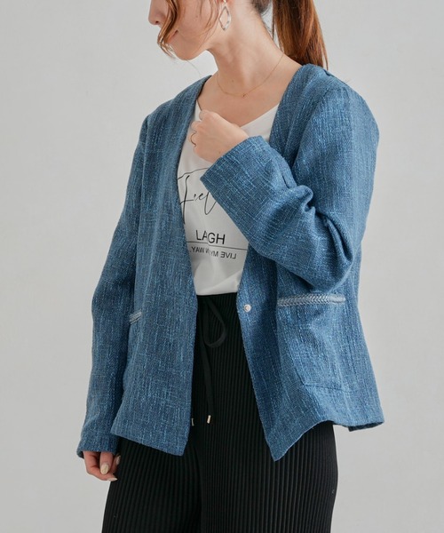 Chez toi（シェトワ）の「【手洗い可能】ツイードカラーレスジャケット（ノーカラージャケット・レディース・ブラック/ベージュ/ブルー・FREE）」の9枚目の写真