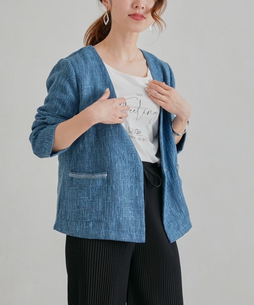 Chez toi（シェトワ）の「【手洗い可能】ツイードカラーレスジャケット（ノーカラージャケット・レディース・ブラック/ベージュ/ブルー・FREE）」の10枚目の写真