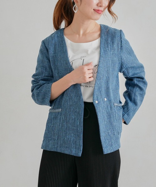 Chez toi（シェトワ）の「【手洗い可能】ツイードカラーレスジャケット（ノーカラージャケット・レディース・ブラック/ベージュ/ブルー・FREE）」の12枚目の写真