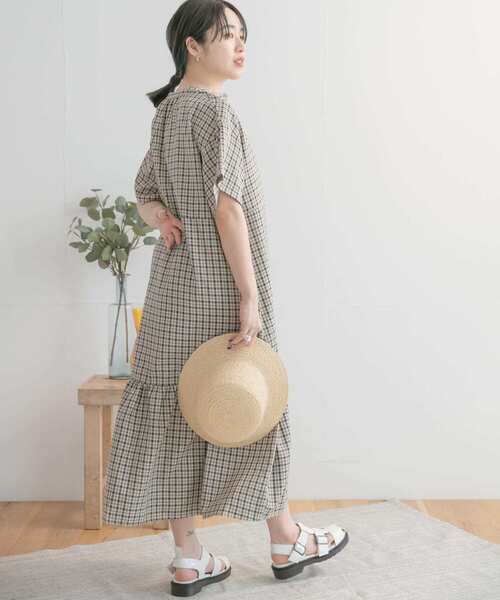 ITEMS URBANRESEARCH（アイテムズ アーバンリサーチ）の「バンドカラーチェックワンピース（ワンピース・レディース・ネイビー/ブラウン/グリーン・FREE）」の3枚目の写真