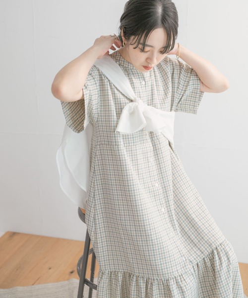 ITEMS URBANRESEARCH（アイテムズ アーバンリサーチ）の「バンドカラーチェックワンピース（ワンピース・レディース・ネイビー/ブラウン/グリーン・FREE）」の2枚目の写真