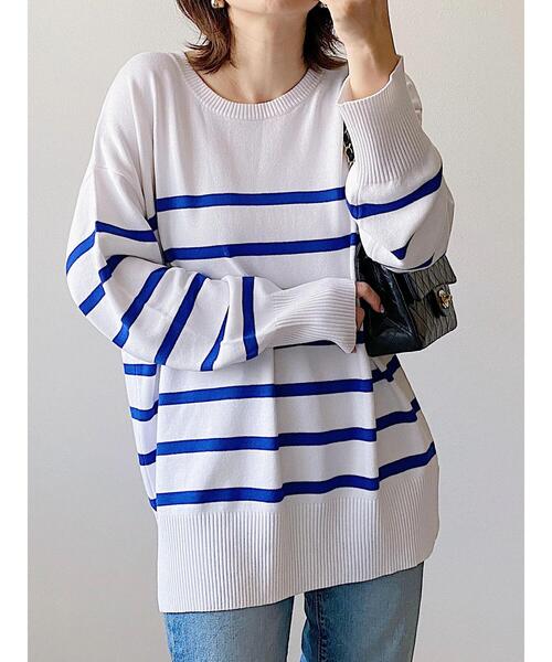 Green　Parks（グリーンパークス）の「ボーダーニットプルオーバー（ニット/セーター・レディース・ホワイト/ブラック/ブルー・FREE）」の6枚目の写真