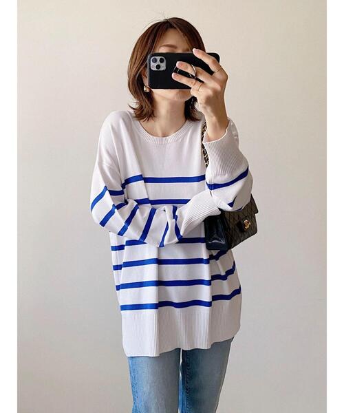 Green　Parks（グリーンパークス）の「ボーダーニットプルオーバー（ニット/セーター・レディース・ホワイト/ブラック/ブルー・FREE）」の9枚目の写真