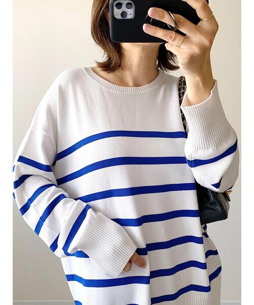 Green　Parks（グリーンパークス）の「ボーダーニットプルオーバー（ニット/セーター・レディース・ホワイト/ブラック/ブルー・FREE）」の10枚目の写真