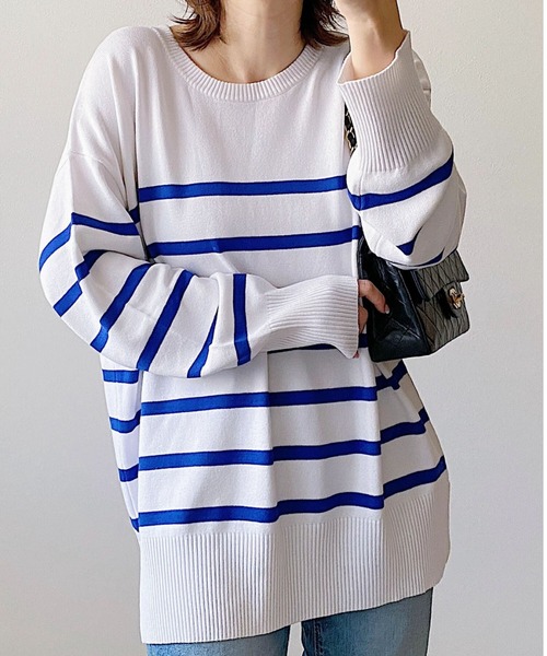 Green　Parks（グリーンパークス）の「ボーダーニットプルオーバー（ニット/セーター・レディース・ホワイト/ブラック/ブルー・FREE）」の3枚目の写真