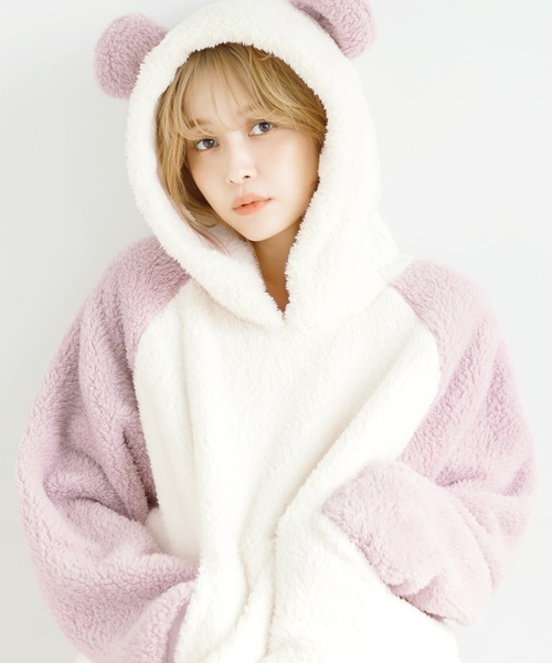 ぷっくり耳付き。パンダ耳ファー起毛ワンピース（ルームウェア