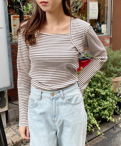 Meli rich（メリーリッチ）の「ボレロレイヤードライクボーダープルオーバー（Tシャツ/カットソー・レディース・ブラック/アイボリー系/ピンク/ホワイト・MEDIUM）」の4枚目の写真