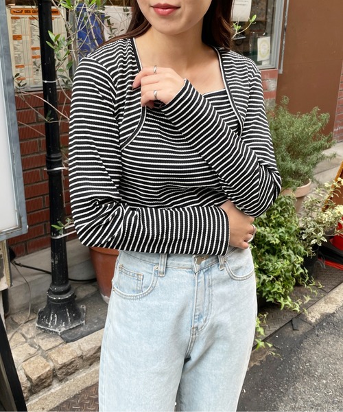 Meli rich（メリーリッチ）の「ボレロレイヤードライクボーダープルオーバー（Tシャツ/カットソー・レディース・ブラック/アイボリー系/ピンク/ホワイト・MEDIUM）」の9枚目の写真