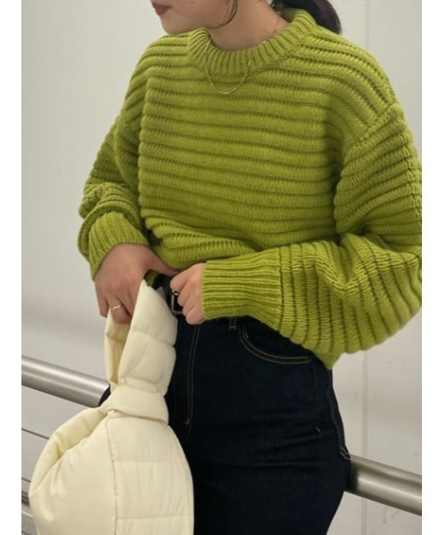 SLY（スライ）の「ITALY YARN RIPPLE SHORT TOPS イタリーヤーンリップルショートトップス ニット セットアップ可能（ニット/セーター・レディース・ターコイズブルー/杢グレー/ライム・FREE）」の11枚目の写真