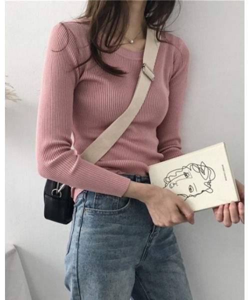 セール】9色展開 クルーネック ベーシック リブニットトップス（ニット