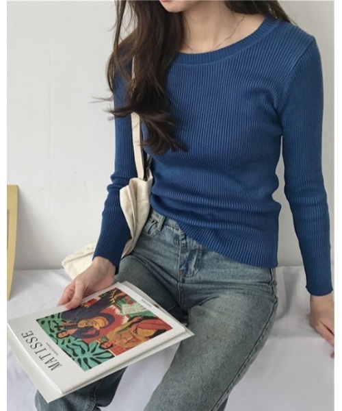Ritzy(リッツィー)の「9色展開 クルーネック ベーシック リブニットトップス(ニット/セーター・レディース・グレー/ピンク/イエロー/ブルー/グリーン/ボルドー/ホワイト/ベージュ/ブラック・FREE)」の16枚目の写真