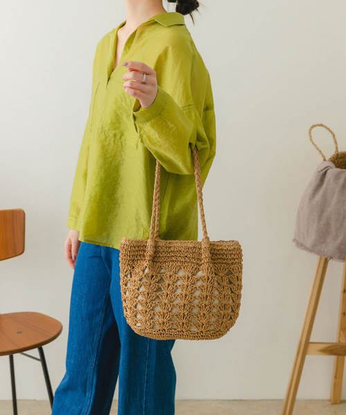 RODE SKO（ロデスコ）の「ペーパー透かし柄トートバッグ（かごバッグ・レディース・ミント/ブラウン系その他/ナチュラル・ONE）」の5枚目の写真