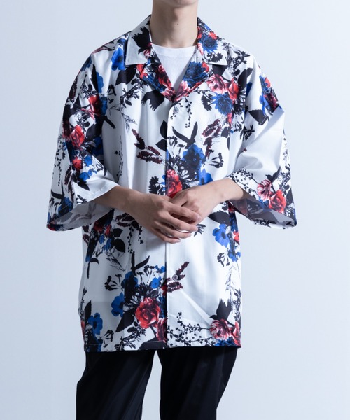 NYLAUS（ナイラス）の「総柄プリント オープンカラー ルーズシャツ（シャツ/ブラウス・メンズ・ブルー/グリーン/モカ/アイボリー/ホワイト系1/ホワイト系2/ホワイト系3/ブラック系1/ブラック系2/ブラック系3/チャコールグレー/ベージュ・M/L）」の2枚目の写真