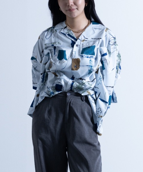 NYLAUS（ナイラス）の「総柄プリント オープンカラー ルーズシャツ（シャツ/ブラウス・メンズ・ブルー/グリーン/モカ/アイボリー/ホワイト系1/ホワイト系2/ホワイト系3/ブラック系1/ブラック系2/ブラック系3/チャコールグレー/ベージュ・M/L）」の10枚目の写真