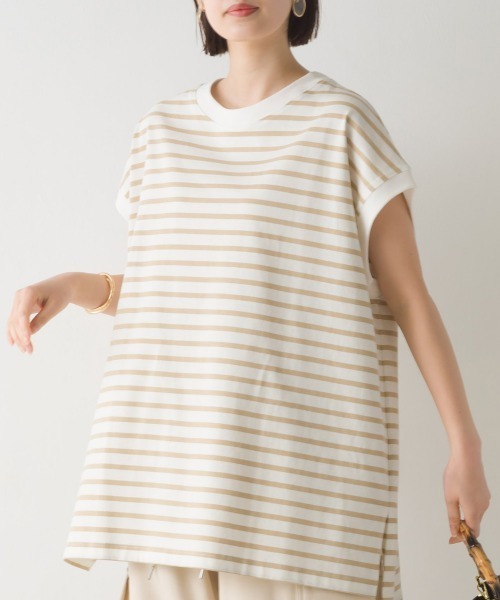 OMNES(オムネス)の「ビッグノースリーブボーダーTシャツ(Tシャツ/カットソー・レディース・ブルー/ピンク/ベージュ/グリーン/ブラック・FREE)」の3枚目の写真