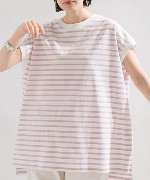 OMNES(オムネス)の「ビッグノースリーブボーダーTシャツ(Tシャツ/カットソー・レディース・ブルー/ピンク/ベージュ/グリーン/ブラック・FREE)」の5枚目の写真