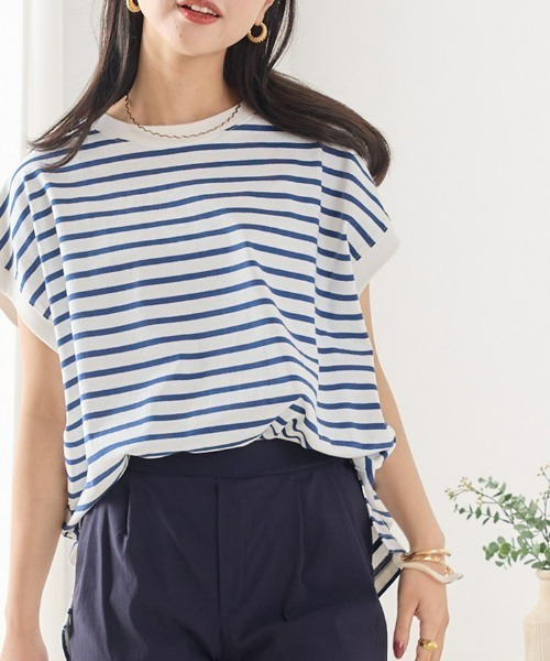 OMNES(オムネス)の「ビッグノースリーブボーダーTシャツ(Tシャツ/カットソー・レディース・ブルー/ピンク/ベージュ/グリーン/ブラック・FREE)」の4枚目の写真