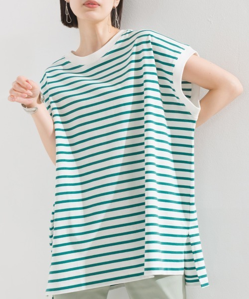 OMNES(オムネス)の「ビッグノースリーブボーダーTシャツ(Tシャツ/カットソー・レディース・ブルー/ピンク/ベージュ/グリーン/ブラック・FREE)」の11枚目の写真