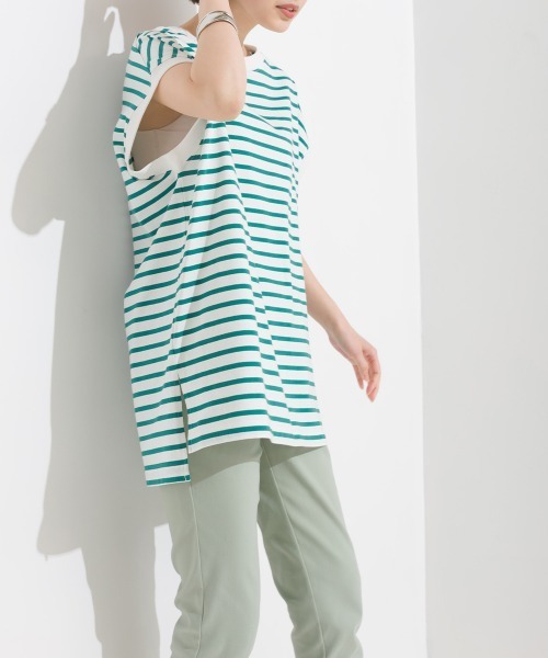 OMNES(オムネス)の「ビッグノースリーブボーダーTシャツ(Tシャツ/カットソー・レディース・ブルー/ピンク/ベージュ/グリーン/ブラック・FREE)」の15枚目の写真