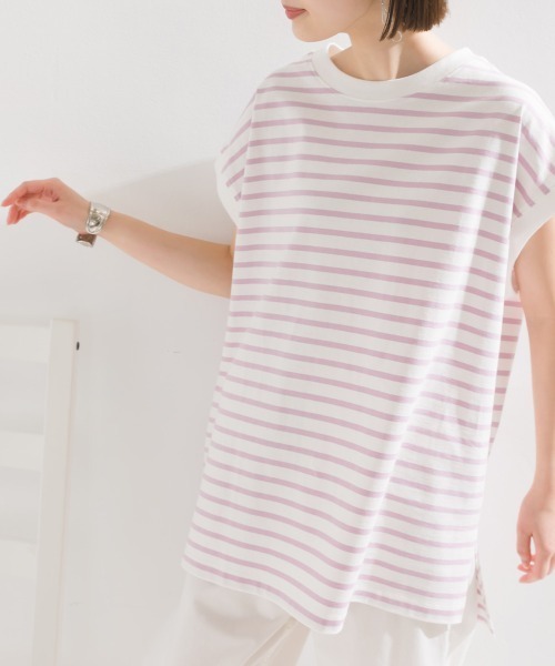OMNES(オムネス)の「ビッグノースリーブボーダーTシャツ(Tシャツ/カットソー・レディース・ブルー/ピンク/ベージュ/グリーン/ブラック・FREE)」の17枚目の写真